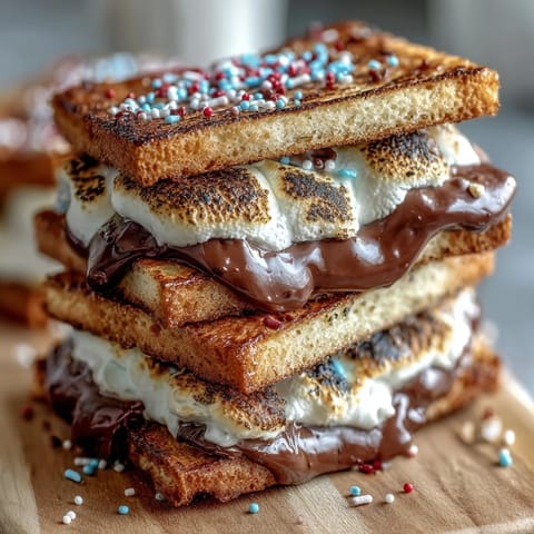 Gooey 4th of July smores dip bubbling in a cast iron skillet, topped with golden toasted marshmallows and festive red, white, and blue candies.