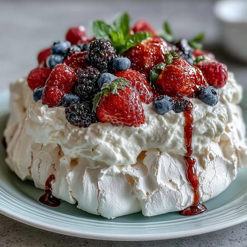 Pavlova with fresh berries and cream, crisp meringue shell topped with luscious whipped cream and vibrant mixed berries.