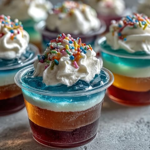 Rainbow Jello Cups for Kids: Colorful layered dessert in clear cups with whipped cream topping, perfect for parties and celebrations.