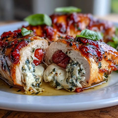 Caprese Stuffed Chicken Breast with melted mozzarella, ripe tomatoes, and fresh basil, baked golden and drizzled with balsamic glaze.