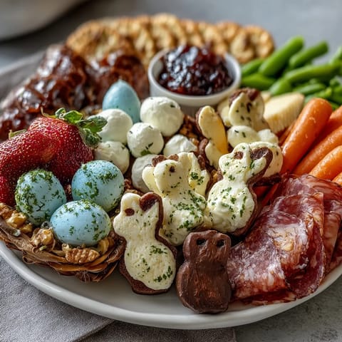 A vibrant mini Easter basket treat board filled with cheeses, meats, fruits, and pastel candies in colorful spring arrangement.