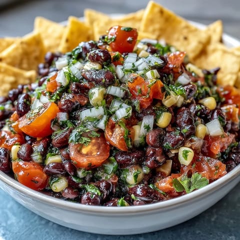 Vibrant 3-ingredient cowboy caviar dip with black beans, corn, and pico de gallo in a serving bowl.  