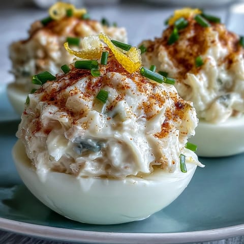 Crab Cake Deviled Eggs with Old Bay seasoning, a coastal twist on appetizers.