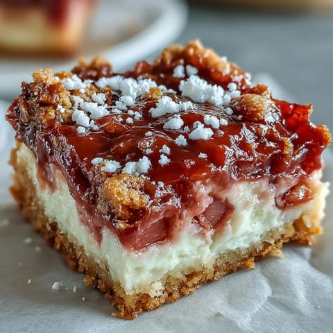 Tangy rhubarb and sweet custard baked atop a perfect shortbread in this dessert bar photo.