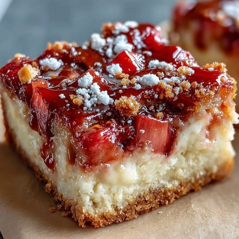 Golden Rhubarb Custard Bars with buttery shortbread crust, sliced and ready to enjoy.