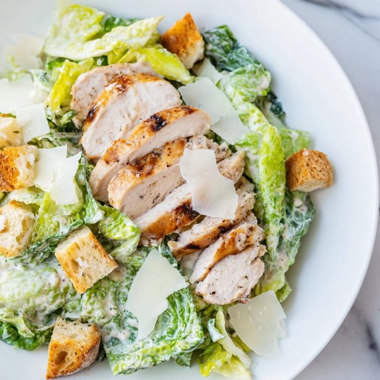 A colorful overhead shot of a delicious Chicken Caesar Salad, ready to eat with savory croutons.