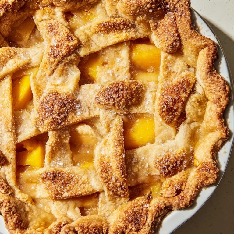 Warm Peach Pie slice, ready to serve, alongside a scoop of creamy vanilla ice cream.