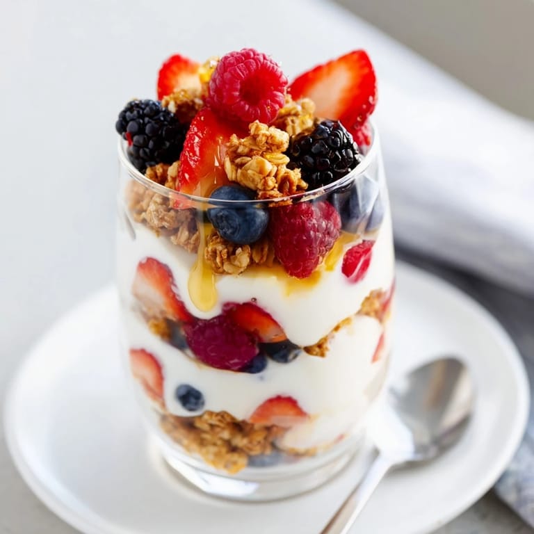 Cool, layered Berry Parfait showcases fresh berries cascading over yogurt and granola in a glass.