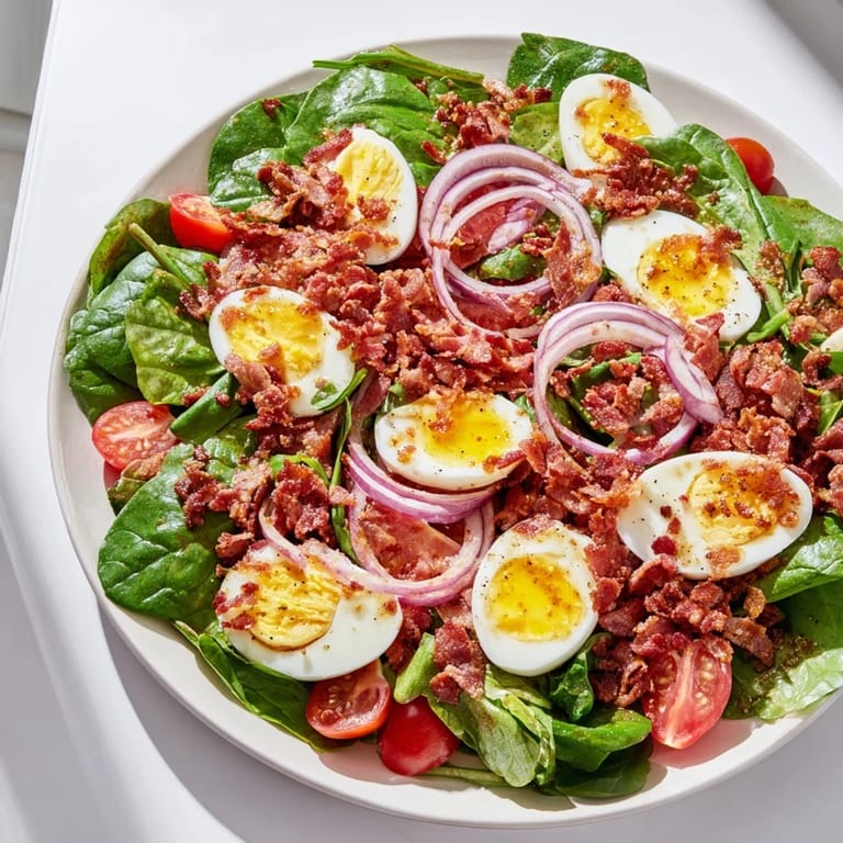 Enjoy a refreshing Spinach Salad with Bacon featuring crunchy bacon bits and juicy red tomatoes on a plate.