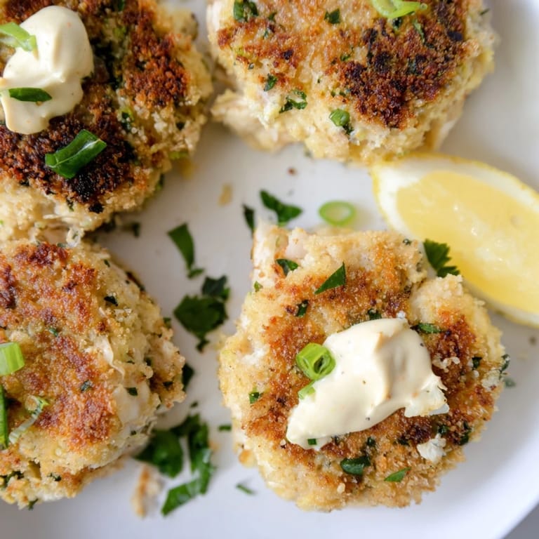 Delicious crab cakes, perfectly seared with a delicate crust, ready to enjoy with a squeeze of fresh lemon.
