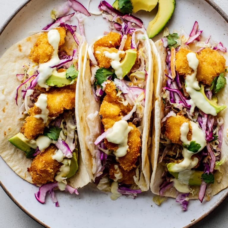 Close-up of freshly fried Baja Fish Tacos with a creamy lime sauce and shredded cabbage.
