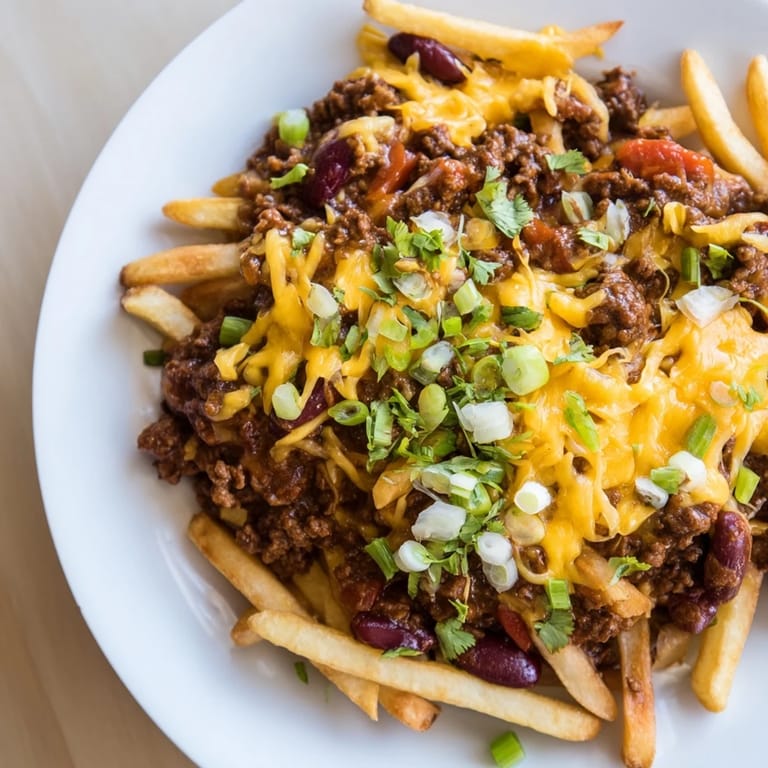 A close-up of a platter showcasing hearty Chili Cheese Fries, a delicious blend of textures and flavors.