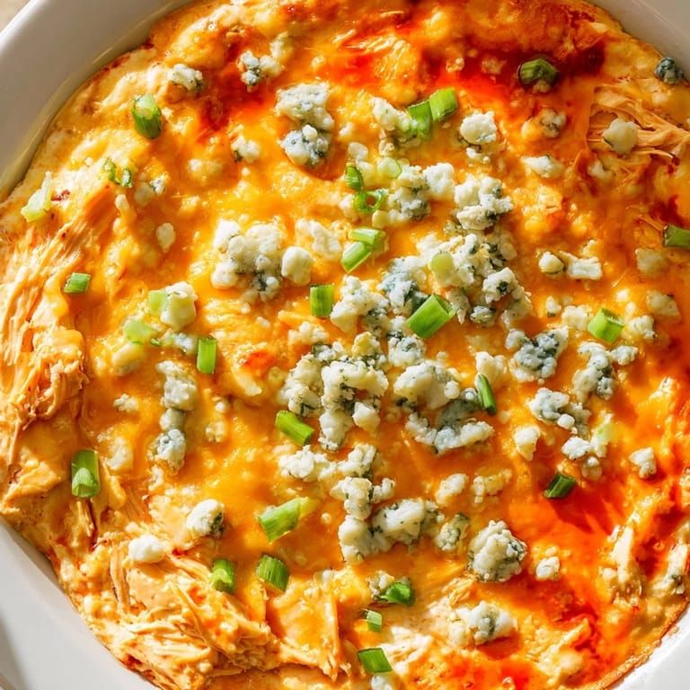 A close-up shot of creamy, cheesy Buffalo Chicken Dip, overflowing in a baking dish, ready to be enjoyed.