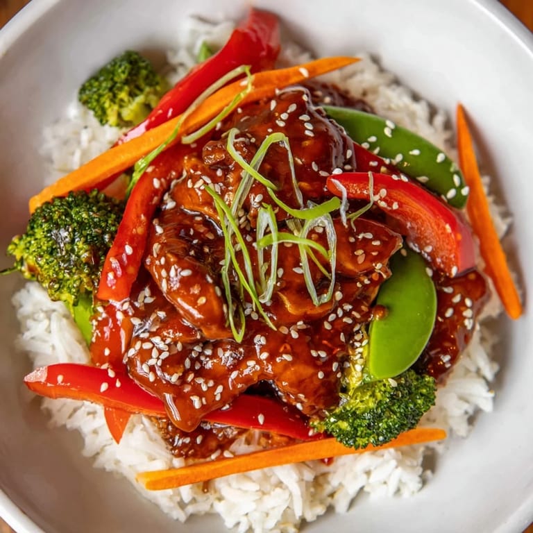 Close-up of a flavorful teriyaki chicken bowl, a colorful and satisfying Japanese-inspired dish.