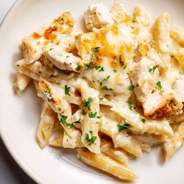 Imagine a cheesy Chicken Alfredo Bake, with herbs sprinkled, a hearty Italian-American favorite.