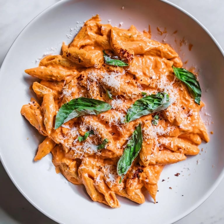 A warm skillet of roasted red pepper pasta beside a glass of white wine, perfect for an easy Italian-inspired weeknight dinner.