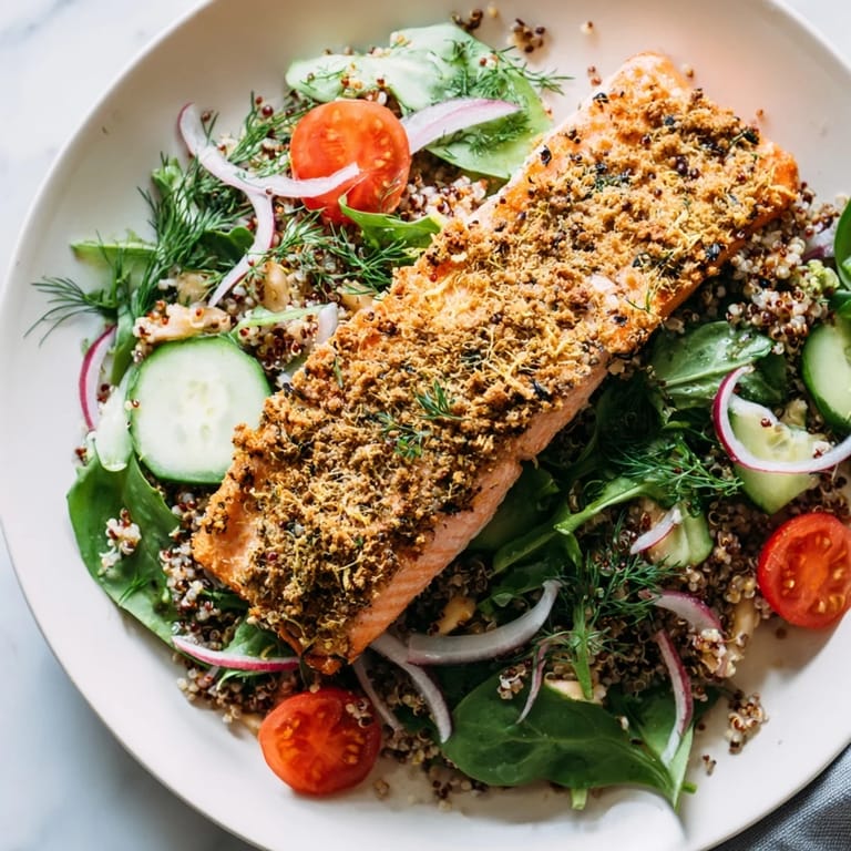 A close-up of the Lemon Herb Salmon Salad shows golden salmon, fluffy quinoa, and crisp greens drizzled with zesty citrus vinaigrette.  