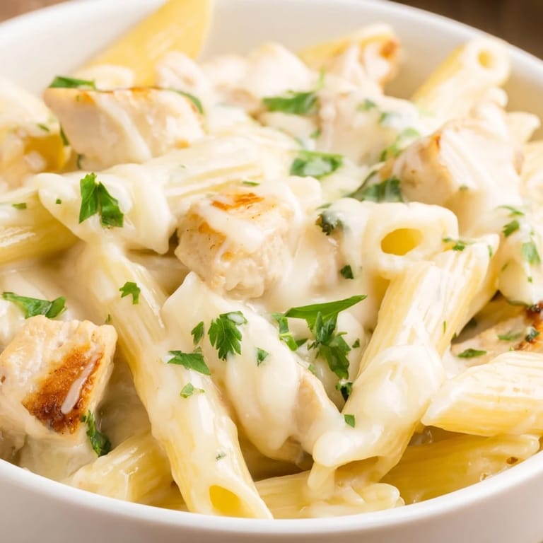 A comforting serving of Chicken Alfredo Casserole with creamy sauce, tender chicken, and al dente penne pasta.
