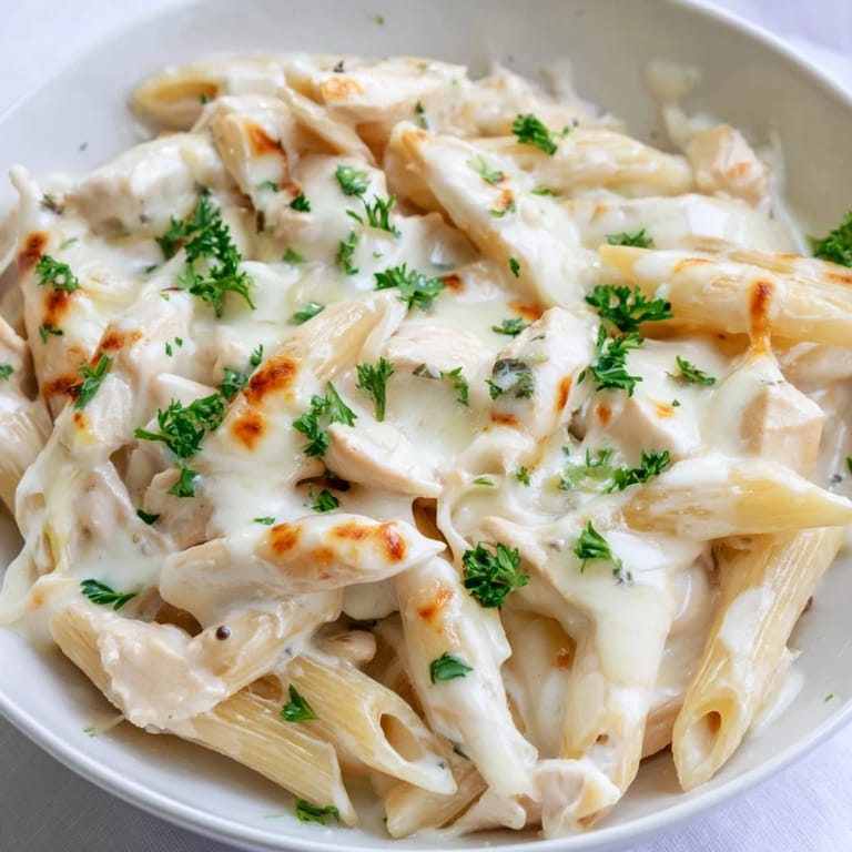 Freshly baked Chicken Alfredo Casserole garnished with parsley, served alongside a crisp green salad for a family meal.