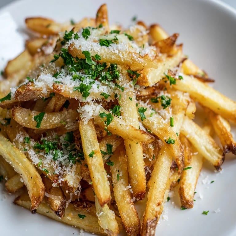 A close-up of crispy Truffle Parmesan Fries tossed in truffle oil and freshly grated cheese, perfect for a side dish.