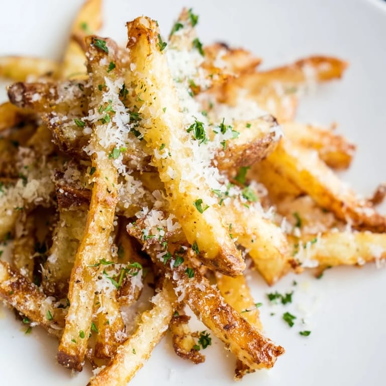 Homemade Truffle Parmesan Fries arranged on a baking sheet, garnished with fresh parsley and a savory, aromatic finish.