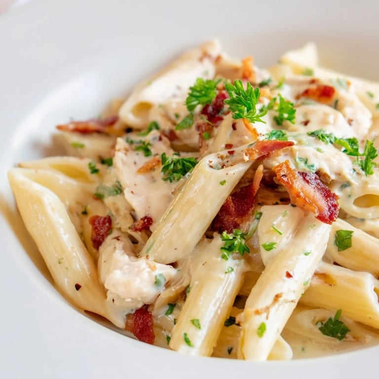 A warm bowl of Creamy Chicken Bacon Penne, featuring a velvety Parmesan sauce and savory meat, perfect for a comforting dinner.