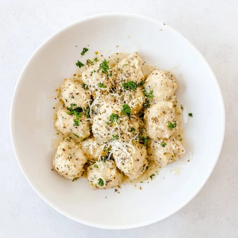 Tender Creamy Garlic Chicken Bites nestled in a skillet with melted Parmesan and fresh parsley garnish.  