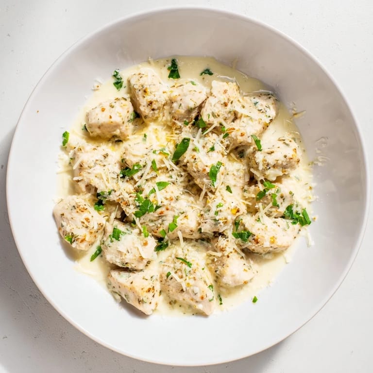 Savory Creamy Garlic Chicken Bites paired with crusty bread, perfect for dipping into the creamy garlic sauce.
