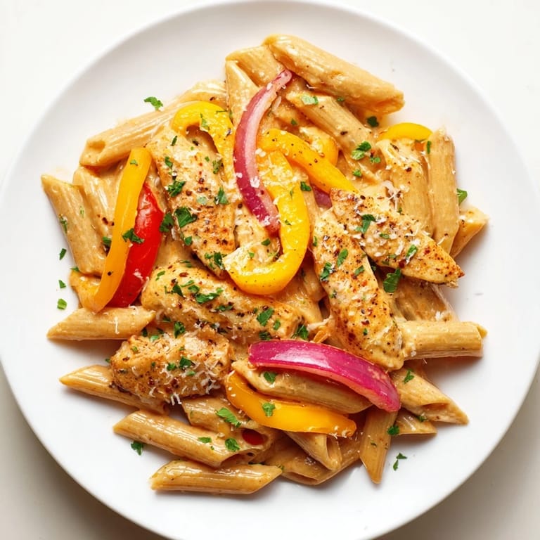 Twirled penne and tender chicken in a creamy Cajun sauce, garnished with lemon zest and parsley, perfect for a healthy weeknight dinner.