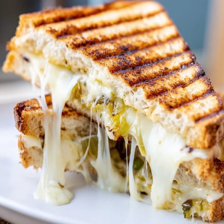Rustic Havarti & Caramelized Leek Grilled Cheese halves resting beside a fresh salad, perfect for a cozy vegetarian lunch or comforting dinner.