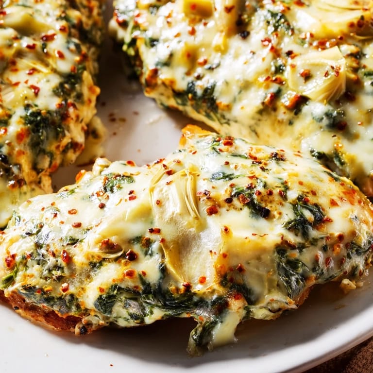 A close-up view of Spinach & Artichoke Chicken Bake shows a generous scoop of the tangy yogurt and vegetable topping, revealing juicy, perfectly cooked chicken beneath.