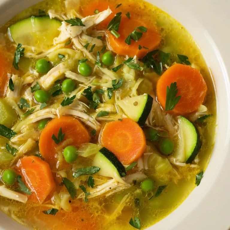 A close-up of Spring Garden Chicken Soup featuring sliced carrots, zucchini, and fresh herbs in a clear broth.