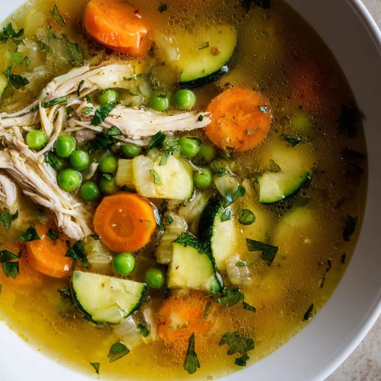 Healthy Spring Garden Chicken Soup ladled into a white bowl, served beside a slice of crusty bread.