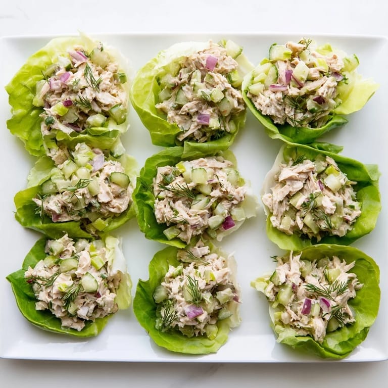 A close-up of creamy dill pickle chicken salad nestled in a fresh lettuce leaf, ready to eat.