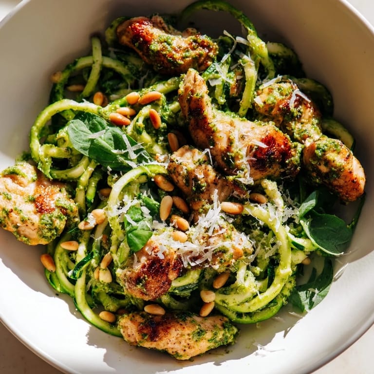 Golden chicken breast pieces and bright green zucchini noodles blend beautifully with homemade pesto in this easy, gluten-free Pesto Zucchini Chicken Bowl.