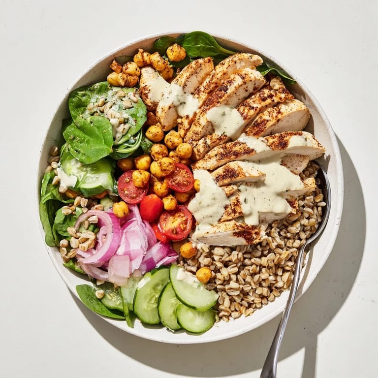 A vibrant Mediterranean-inspired bowl showcases golden roasted chicken, hearty farro, and fresh veggies topped with zesty lemon-tahini sauce.  