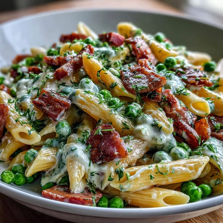 Bright Spring Pea & Ham Pasta with savory ham, fresh peas, and cream.