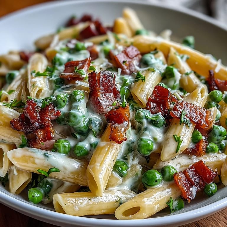 Hearty Spring Pea & Ham Pasta, quickly made with vibrant green peas.