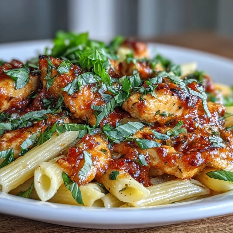 Close-up of Tomato Basil Chicken Pasta showcasing vibrant red sauce and fresh basil leaves.