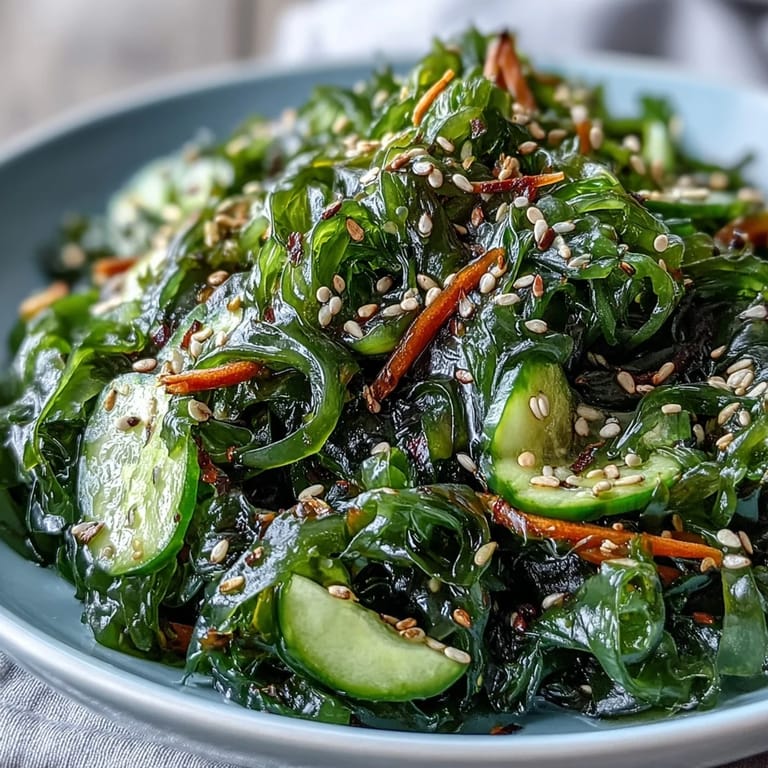 Chilled Seaweed Salad served alongside sushi, featuring rehydrated wakame and a hint of spicy chili flakes.