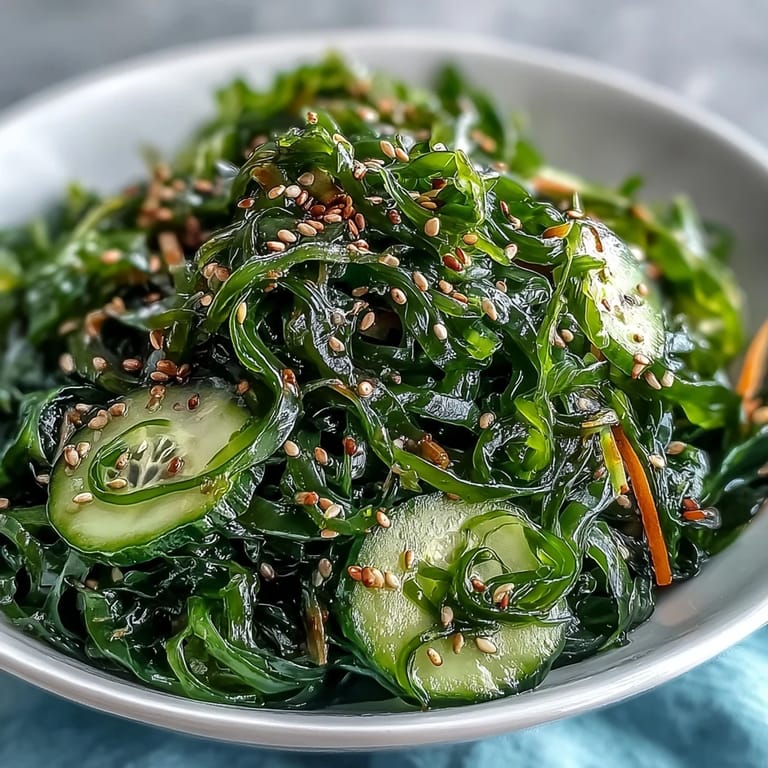 A close-up of Seaweed Salad garnished with toasted sesame seeds and fresh cilantro, perfect as a light appetizer.  