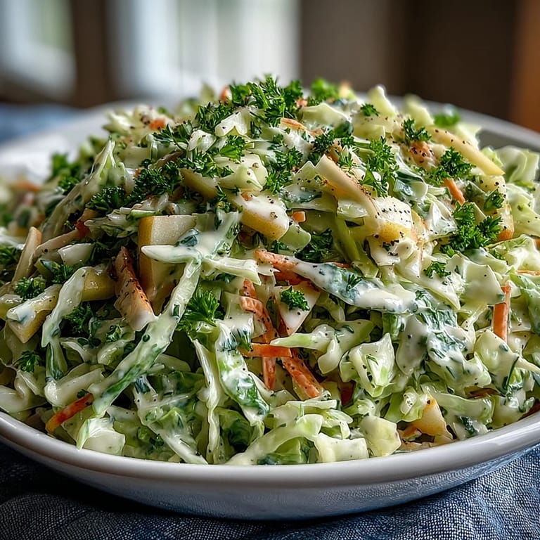 Close-up of Green Cabbage and Apple Slaw showing crunchy textures, fresh green onions, and poppy seeds, perfect as a light side dish for barbecues and picnics.