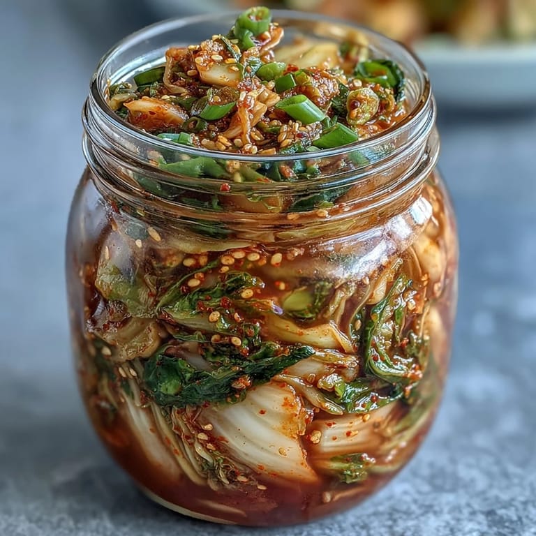 A close-up of homemade kimchi with crisp cabbage ribbons and julienned radish, flecked with gochugaru and ready for pairing with rice.  