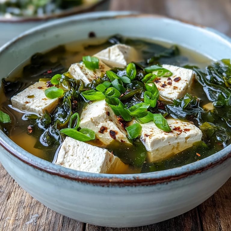 Close-up of vibrant green wakame and tofu floating in savory broth, perfect as a light appetizer.