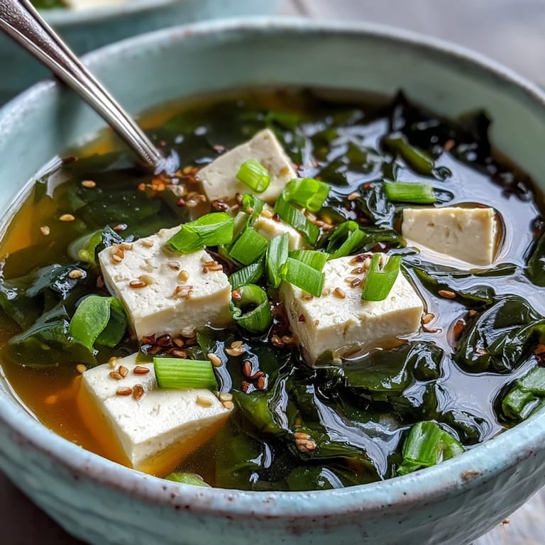 Hot Japanese Wakame Soup served with sliced scallions, showcasing silken tofu and wakame seaweed.  