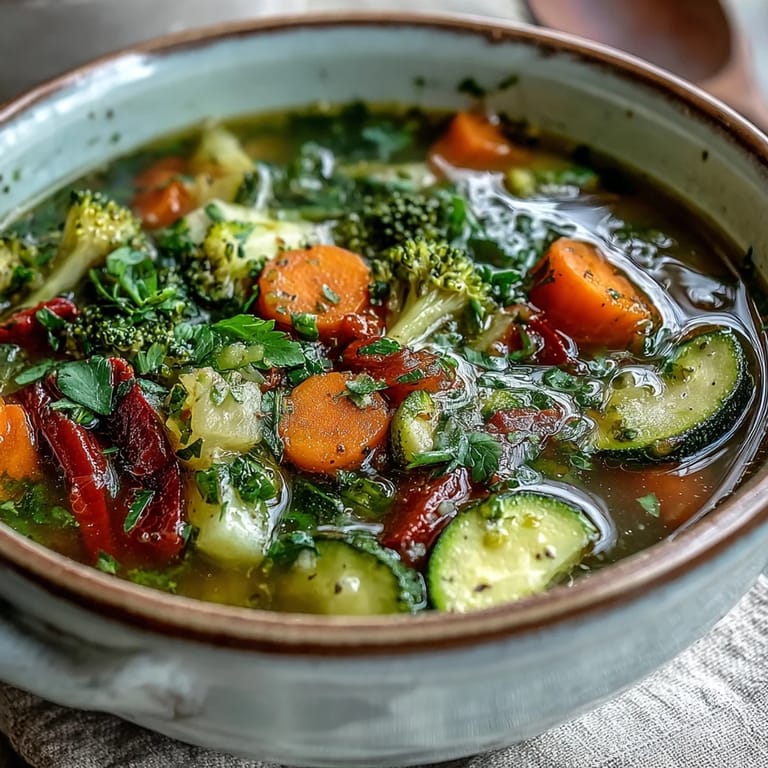 Zesty Ginger Vegetable Soup simmering in a rustic pot, showcasing tender zucchini and red bell pepper pieces.