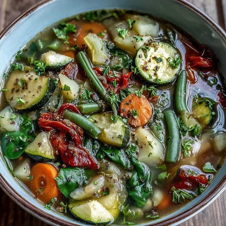 Serving suggestion of vibrant Italian Herb Vegetable Soup with leafy spinach and crusty bread on the side.