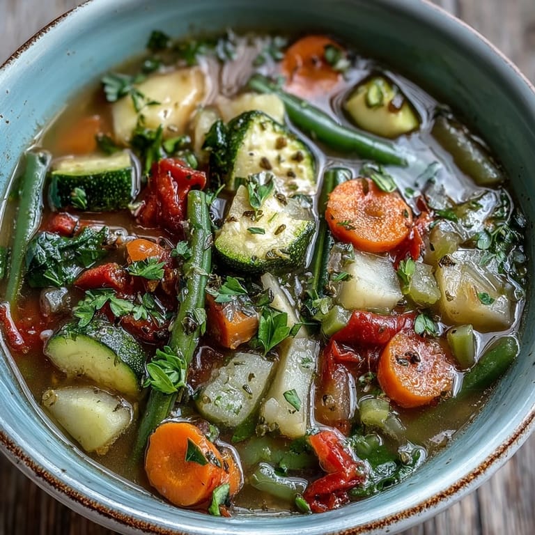 Close-up view of hearty Italian Herb Vegetable Soup featuring colorful bell peppers and beans in rich broth.