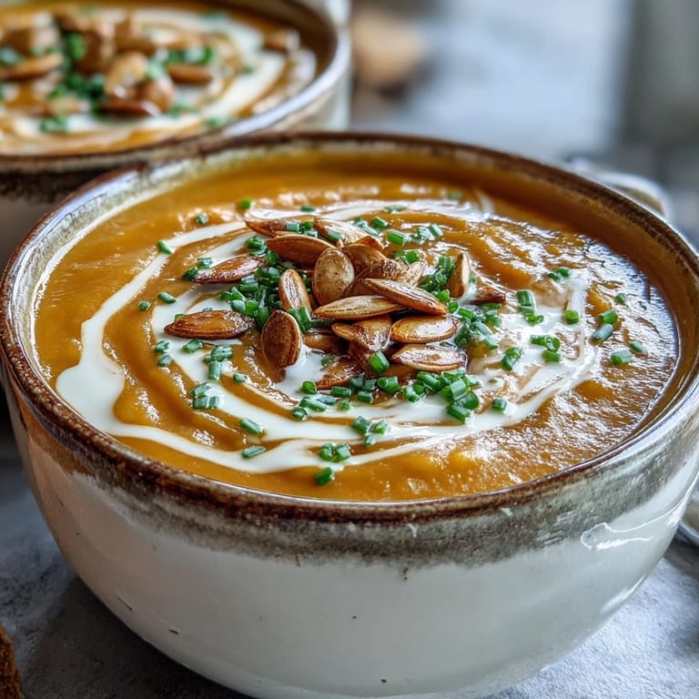 Garnished pumpkin soup in a white bowl with a swirl of cream and chives.