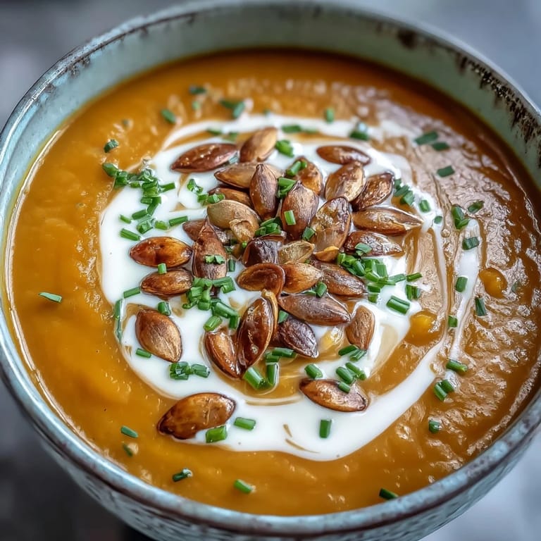 Velvety pumpkin soup topped with seeds and herbs, ready to serve with bread.
